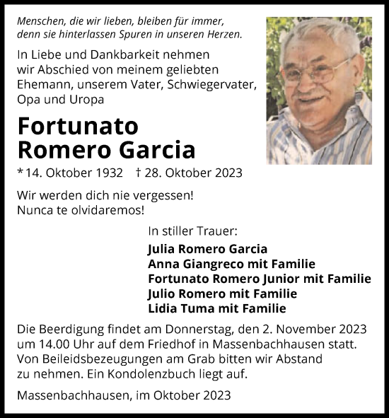 Traueranzeige von Fortunato Romero Garcia von GESAMT