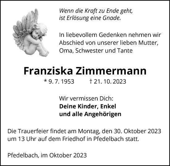 Traueranzeige von Franziska Zimmermann von GESAMT