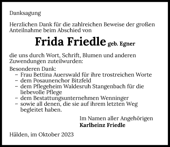 Traueranzeige von Frida Friedle von GESAMT