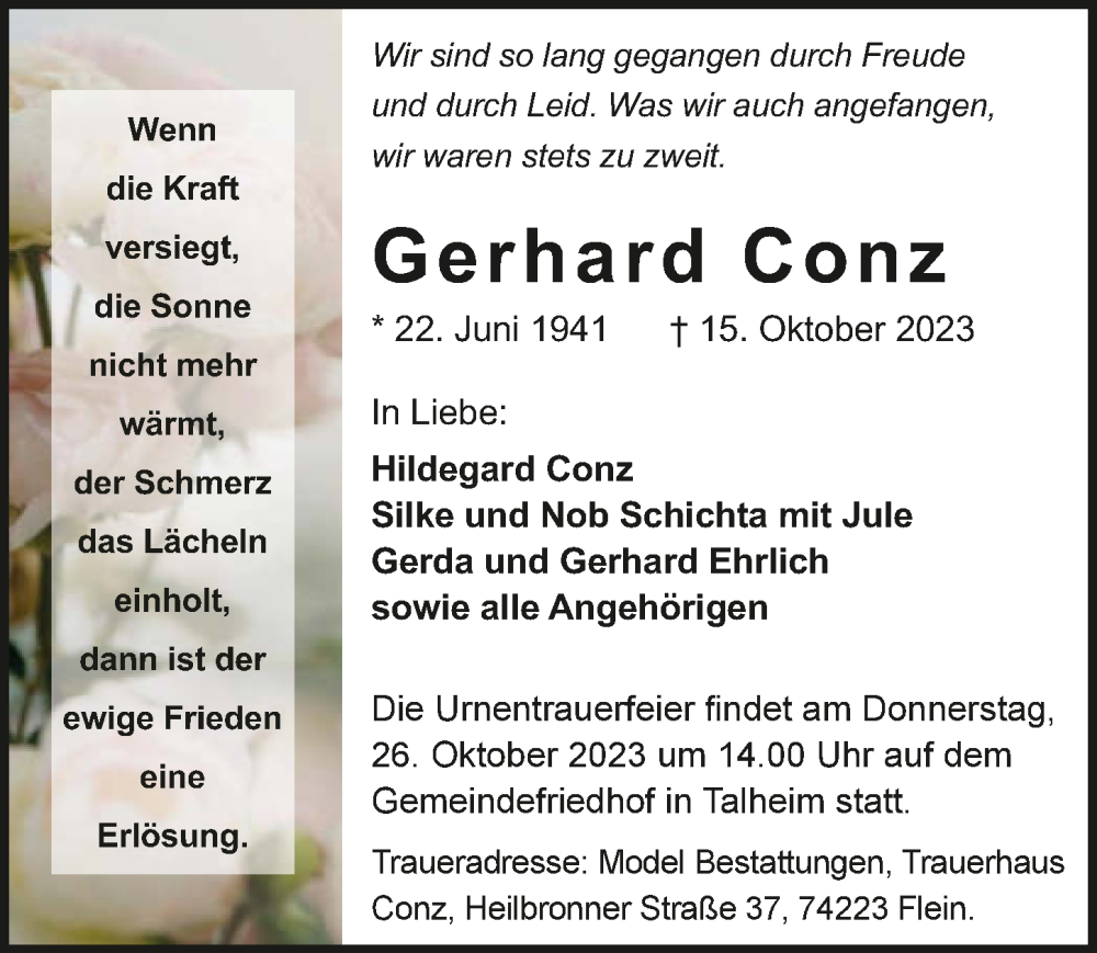  Traueranzeige für Gerhard Conz vom 21.10.2023 aus GESAMT