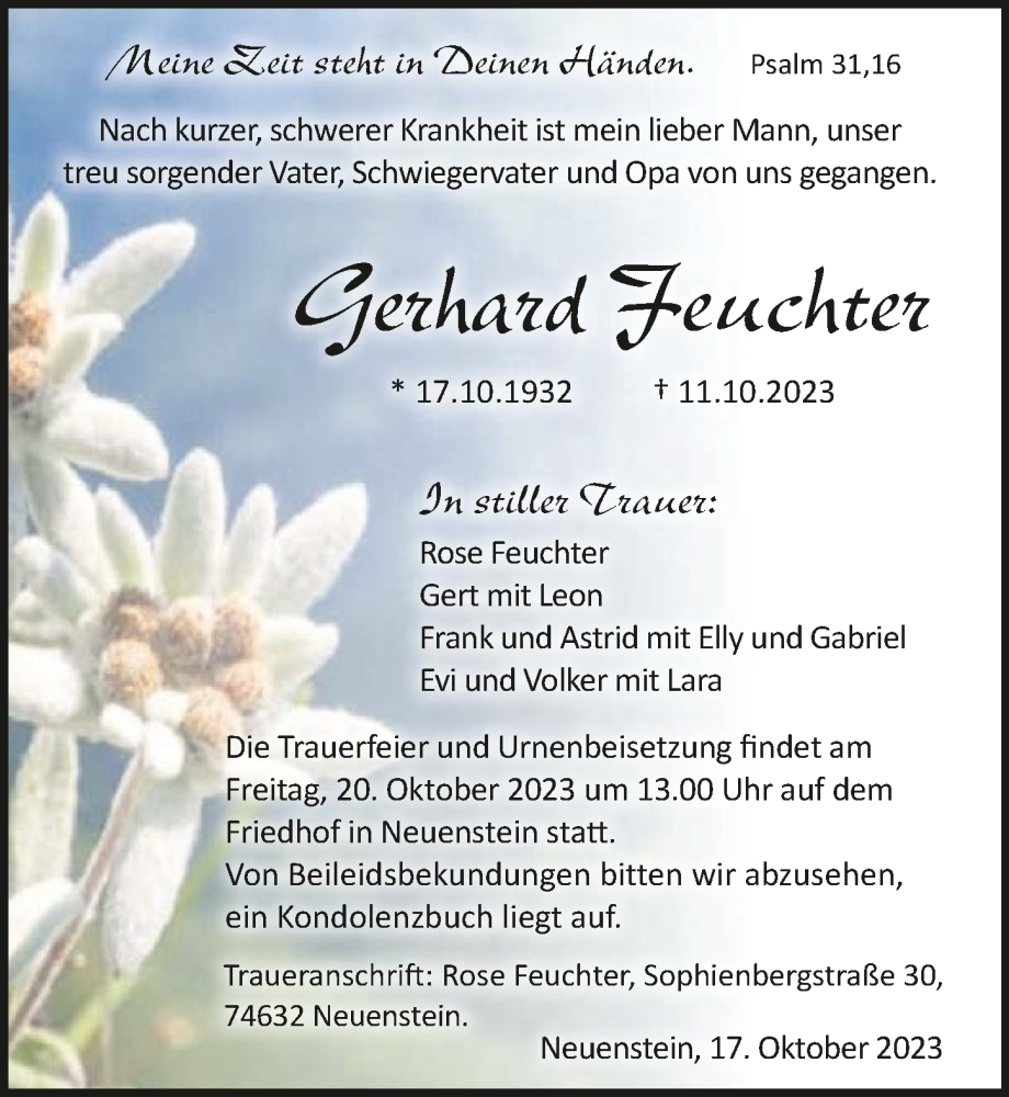  Traueranzeige für Gerhard Feuchter vom 17.10.2023 aus GESAMT