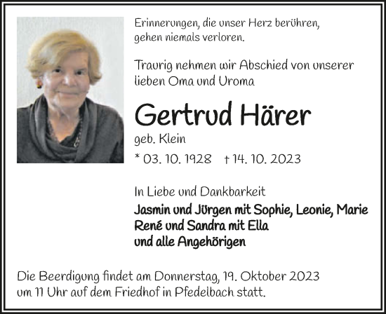 Traueranzeige von Gertrud Härer von GESAMT