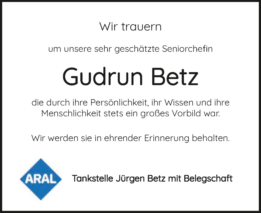  Traueranzeige für Gudrun Betz vom 07.10.2023 aus GESAMT
