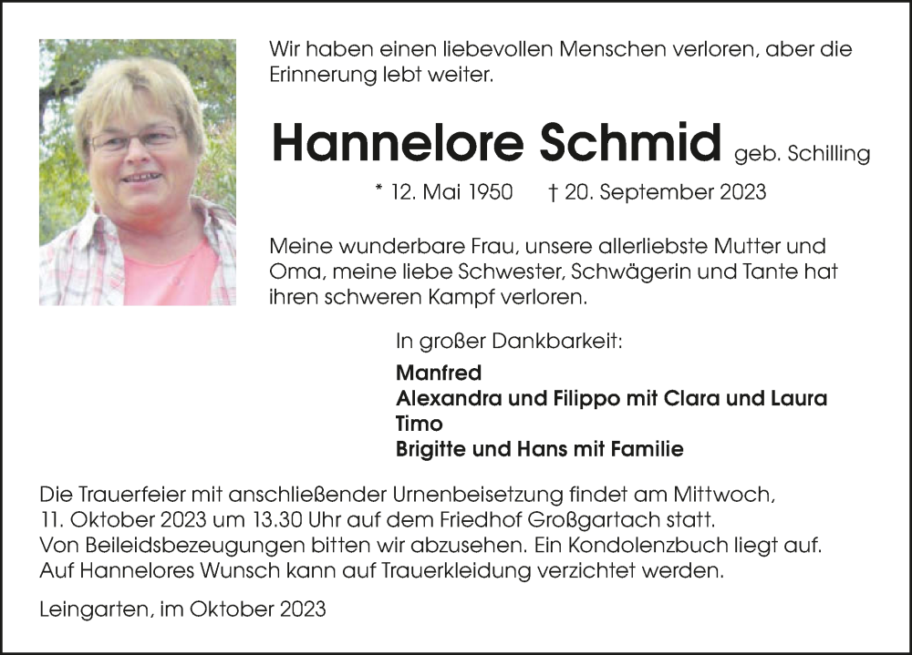  Traueranzeige für Hannelore Schmid vom 07.10.2023 aus GESAMT