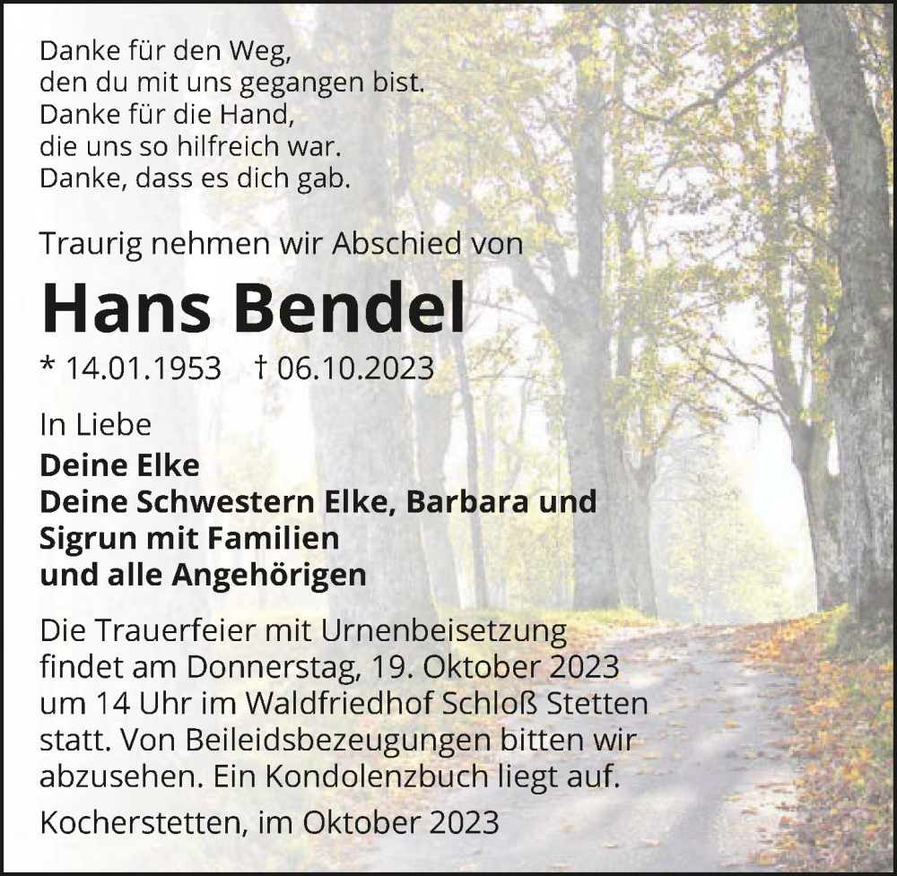  Traueranzeige für Hans Bendel vom 14.10.2023 aus GESAMT