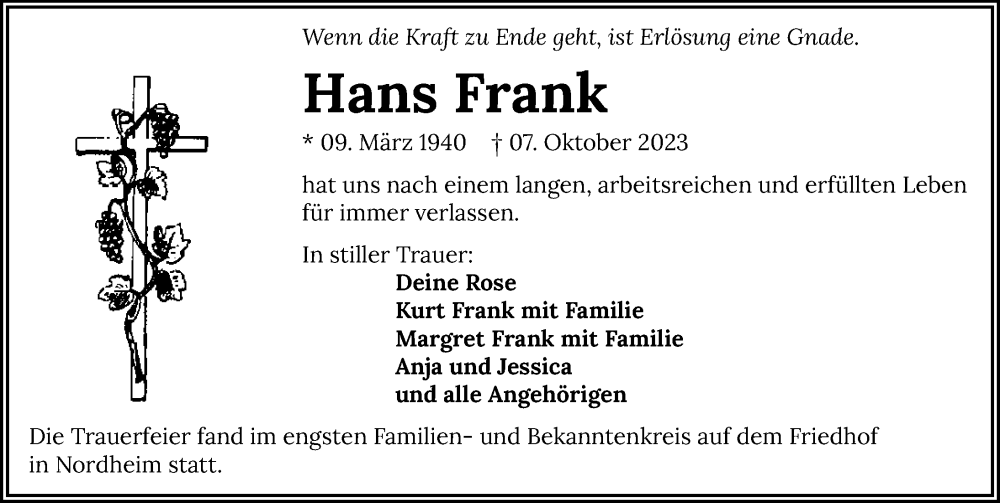  Traueranzeige für Hans Frank vom 14.10.2023 aus GESAMT