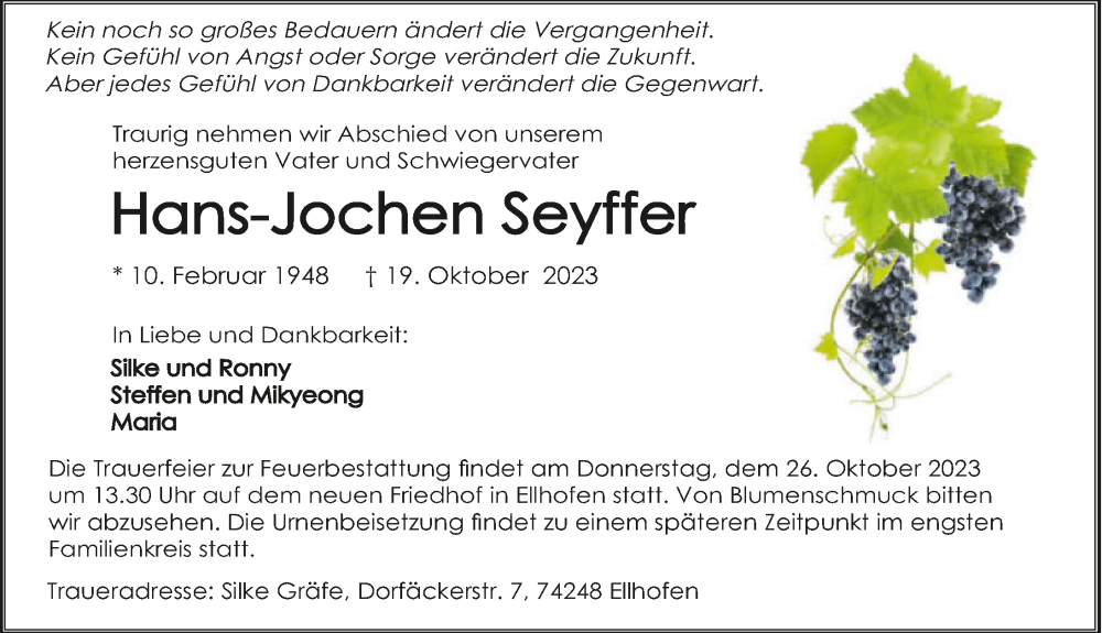  Traueranzeige für Hans-Jochen Seyffer vom 24.10.2023 aus GESAMT