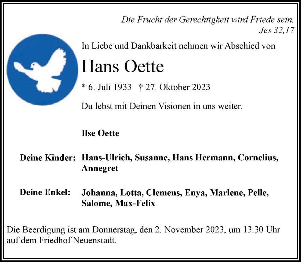  Traueranzeige für Hans Oette vom 31.10.2023 aus GESAMT