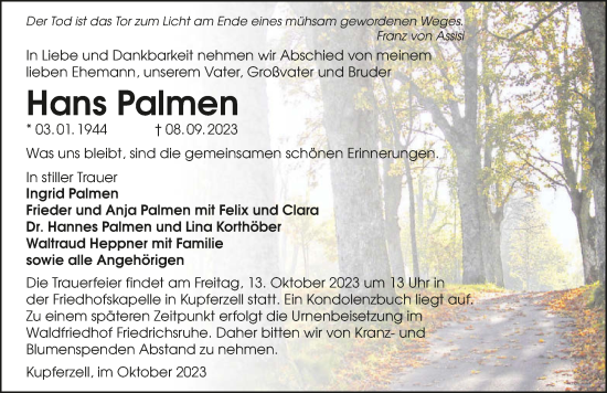 Traueranzeige von Hans Palmen von GESAMT