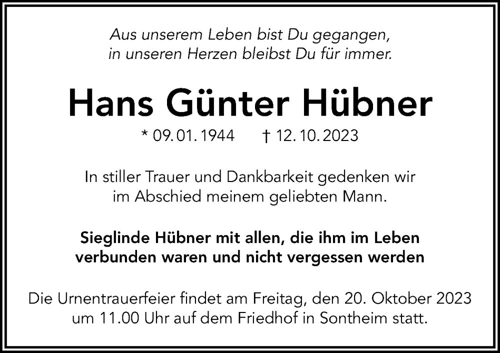  Traueranzeige für Hans Günter Hübner vom 17.10.2023 aus GESAMT