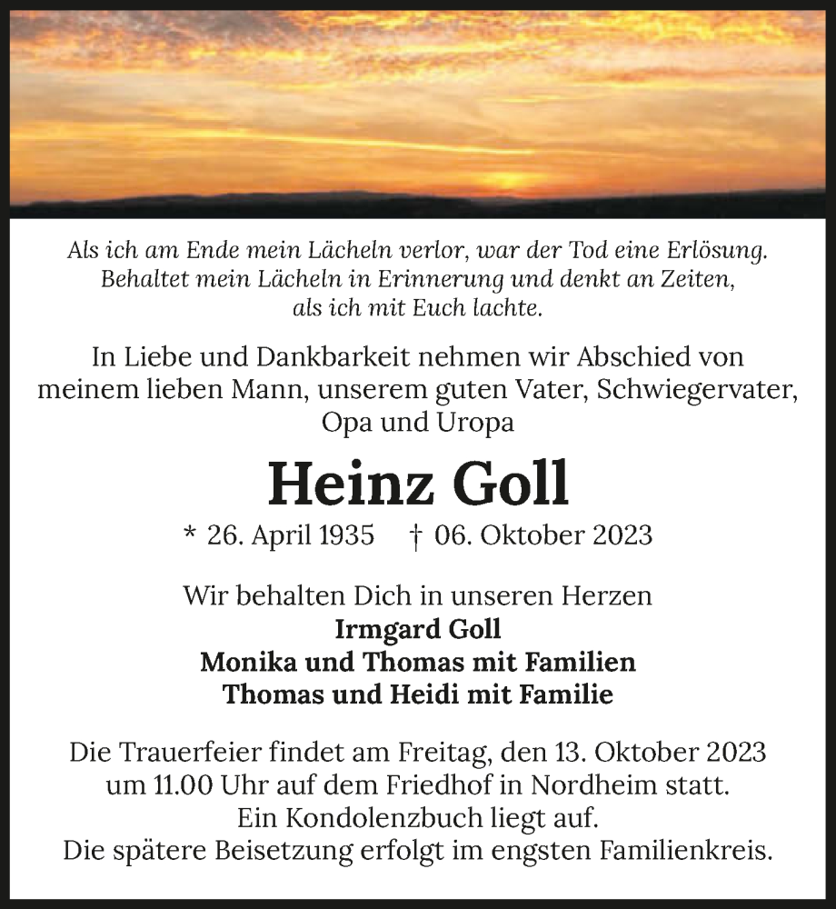  Traueranzeige für Heinz Goll vom 11.10.2023 aus GESAMT