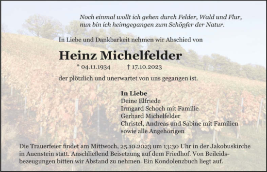 Traueranzeige von Heinz Michelfelder von GESAMT