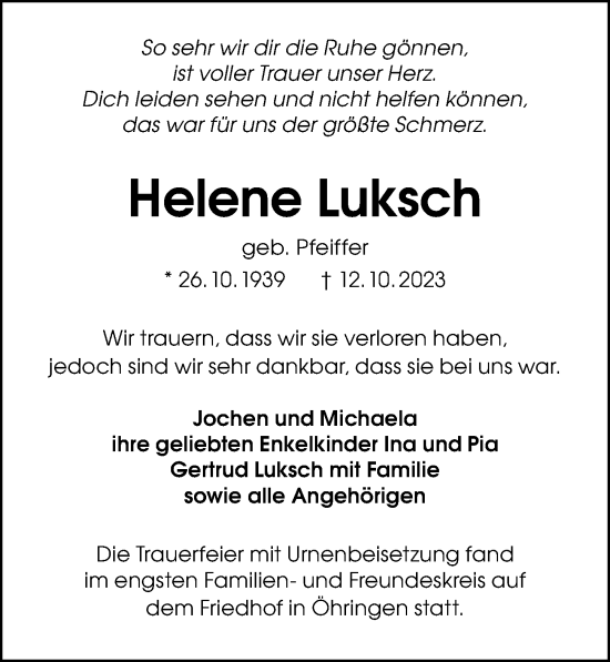 Traueranzeige von Helene Luksch von GESAMT