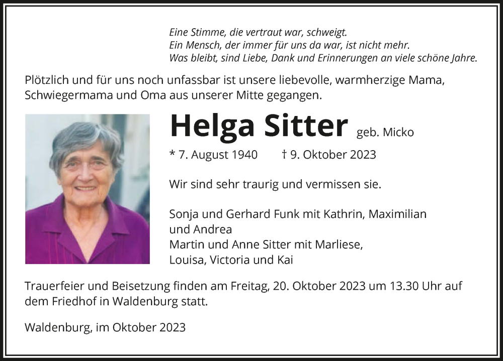  Traueranzeige für Helga Sitter vom 14.10.2023 aus GESAMT