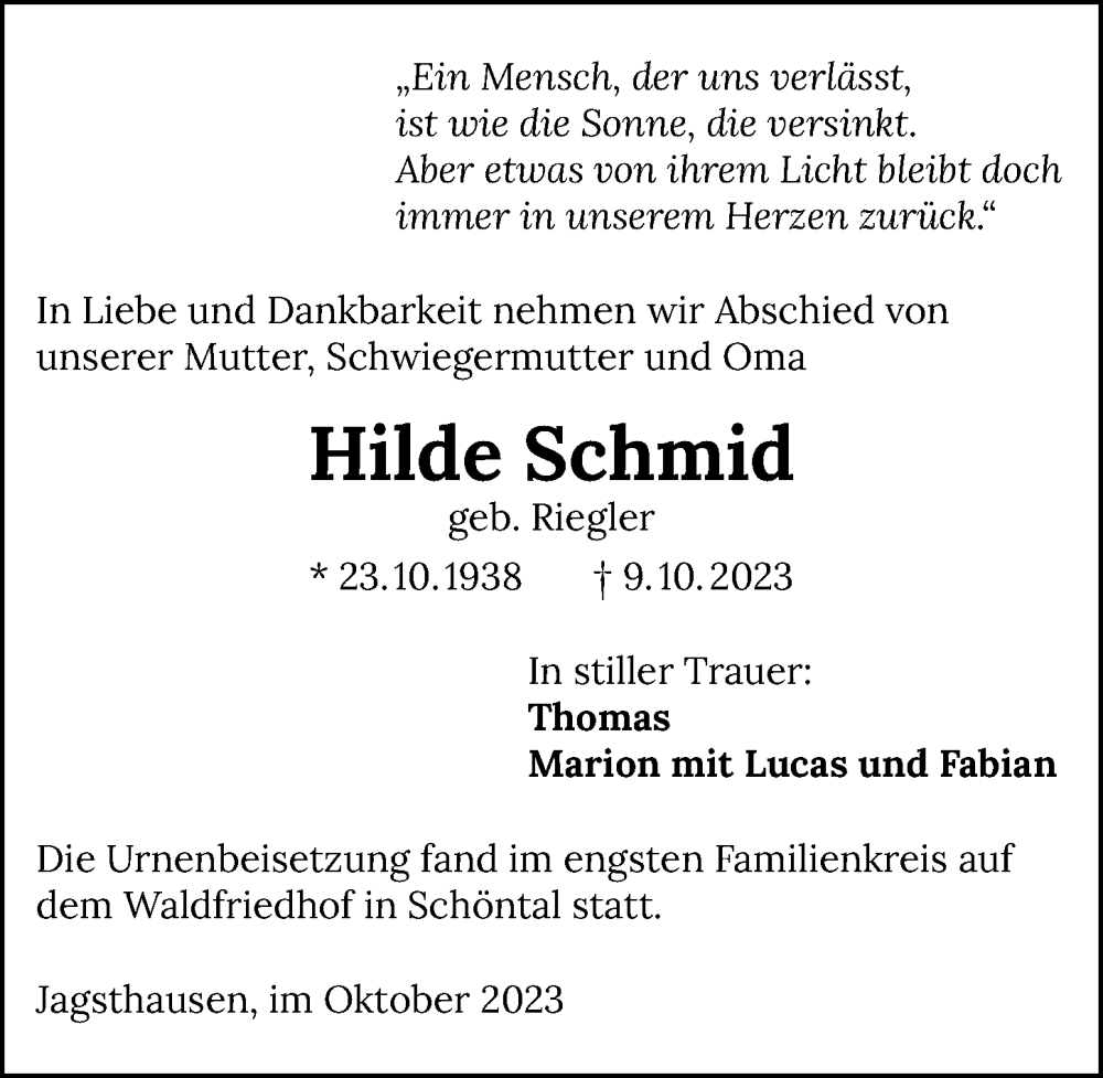  Traueranzeige für Hilde Schmid vom 25.10.2023 aus GESAMT