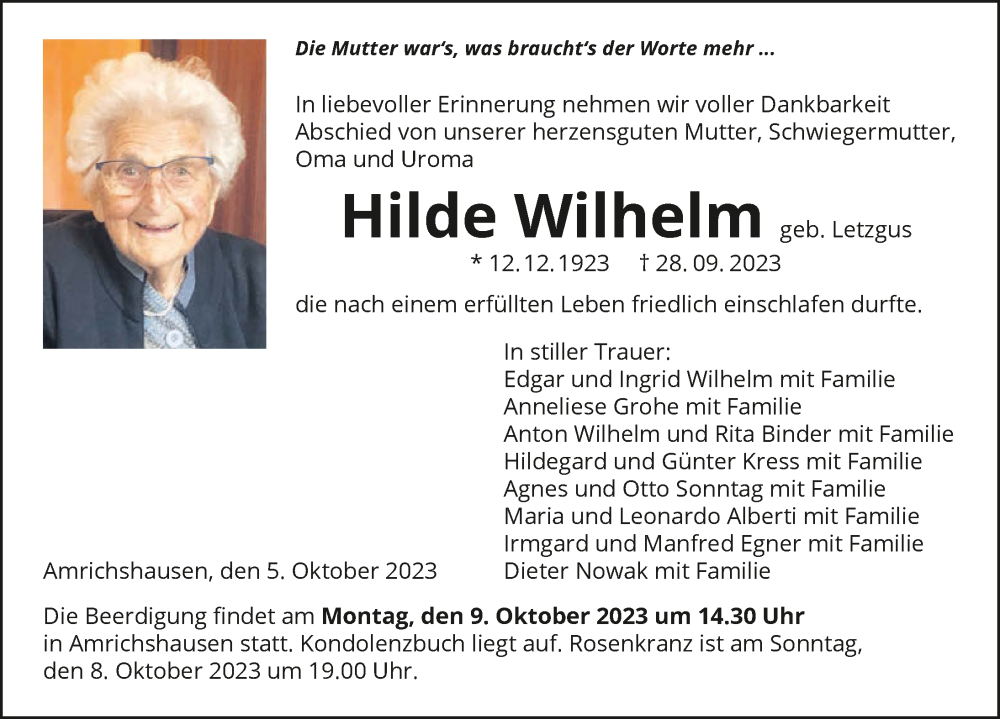  Traueranzeige für Hilde Wilhelm vom 05.10.2023 aus GESAMT