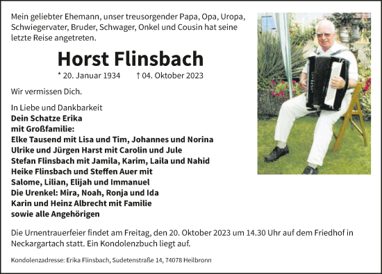Traueranzeige von Horst Flinsbach von GESAMT