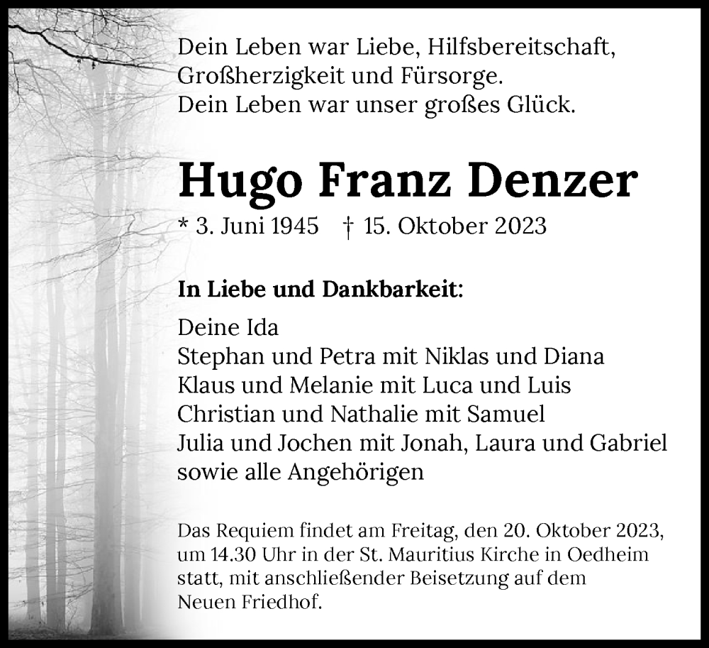  Traueranzeige für Hugo Franz Denzer vom 18.10.2023 aus GESAMT