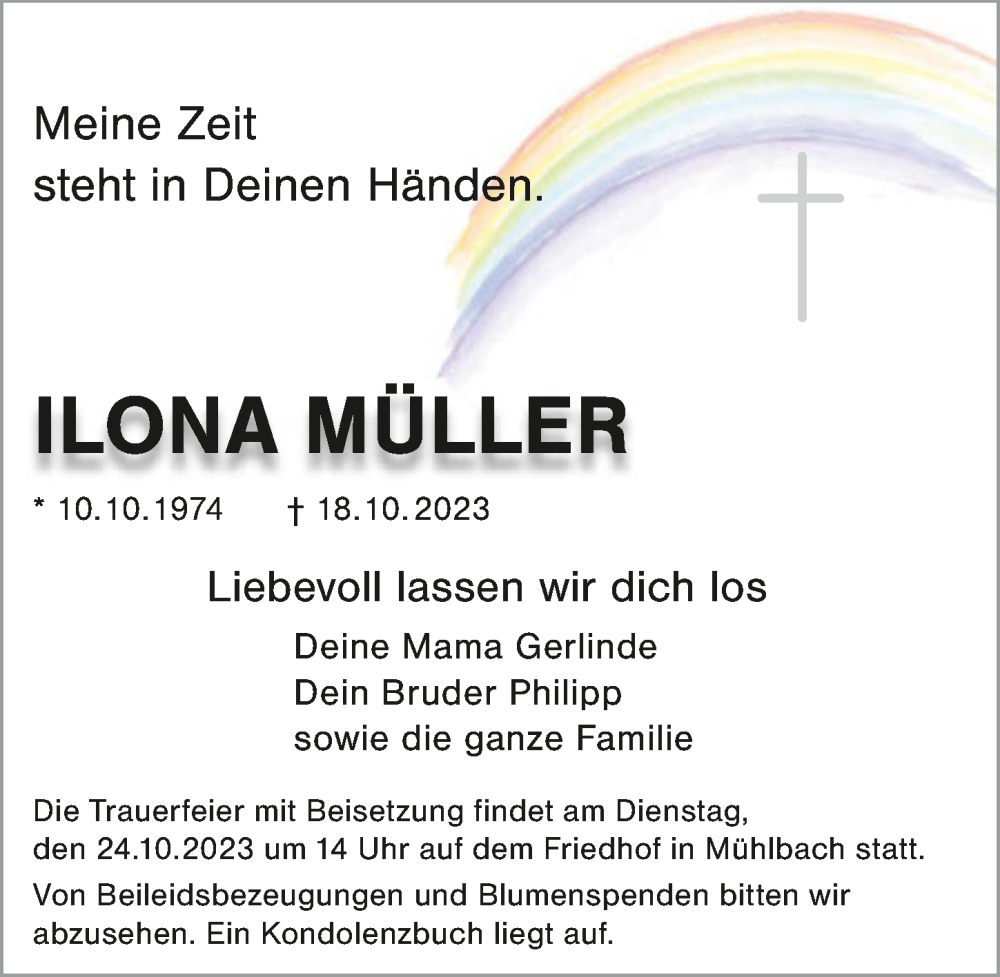  Traueranzeige für Ilona Müller vom 21.10.2023 aus GESAMT