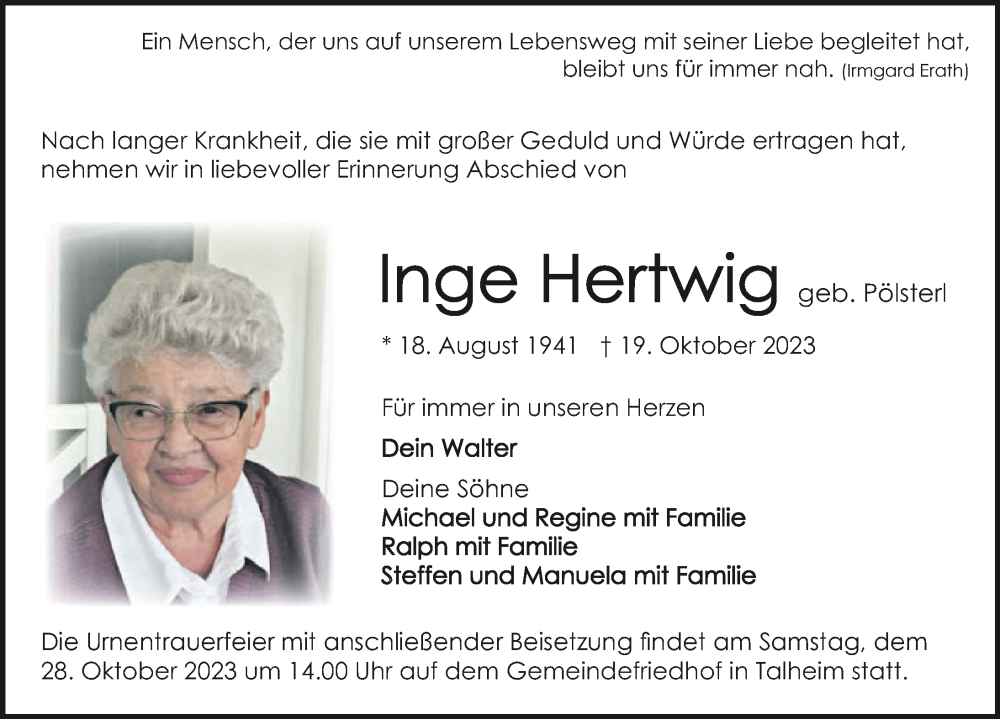  Traueranzeige für Inge Hertwig vom 25.10.2023 aus GESAMT
