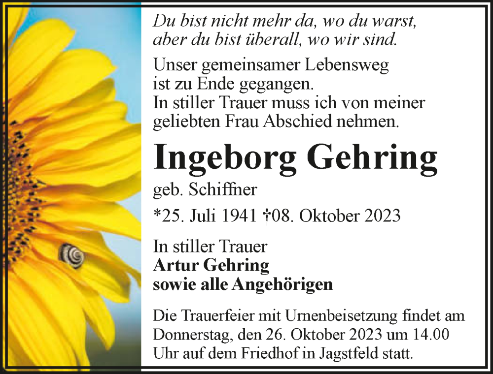  Traueranzeige für Ingeborg Gehring vom 21.10.2023 aus GESAMT