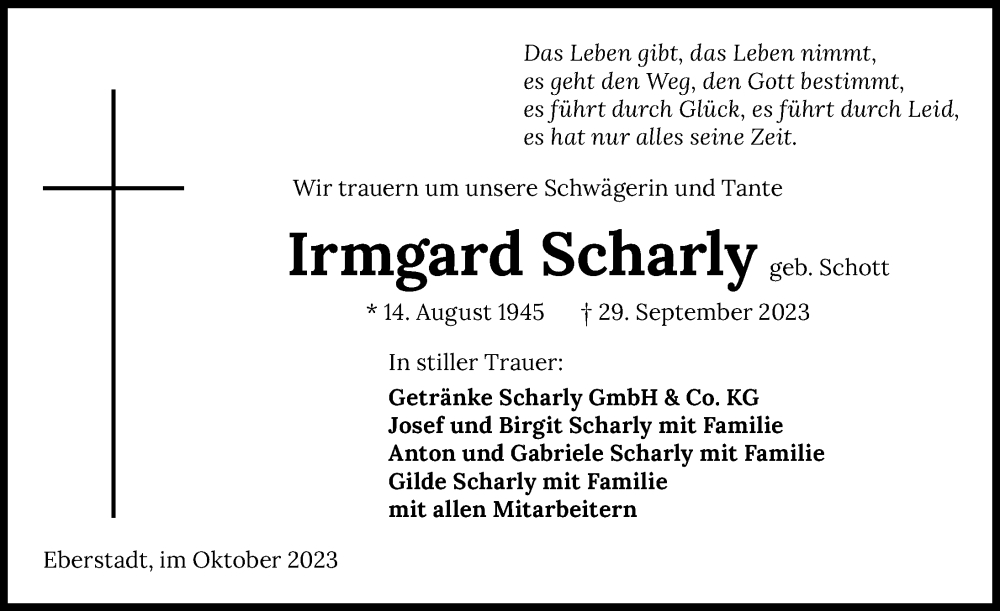  Traueranzeige für Irmgard Scharly vom 07.10.2023 aus GESAMT