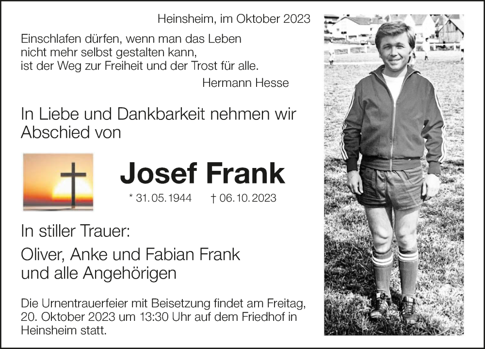  Traueranzeige für Josef Frank vom 18.10.2023 aus GESAMT