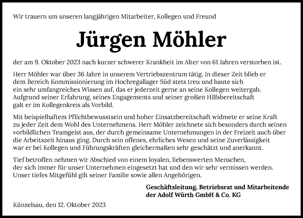  Traueranzeige für Jürgen Möhler vom 13.10.2023 aus GESAMT