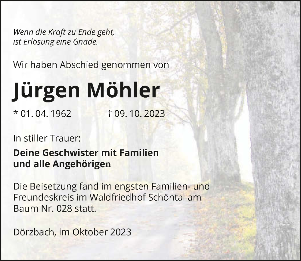 Traueranzeige für Jürgen Möhler vom 28.10.2023 aus GESAMT