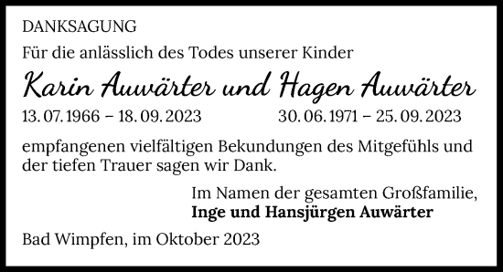Traueranzeige von Karin Auwärter von GESAMT