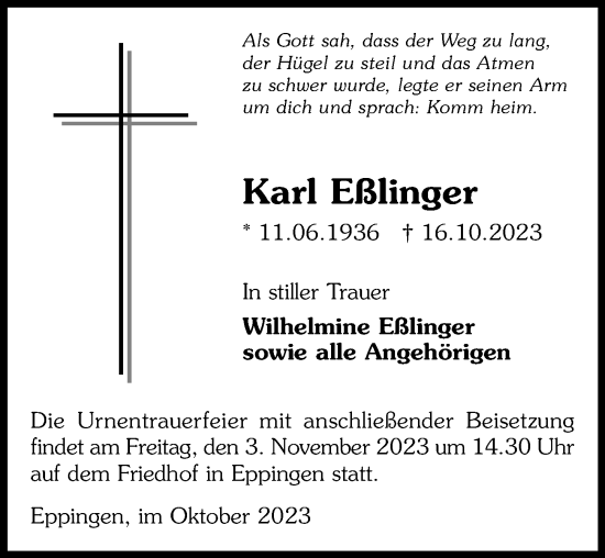 Traueranzeige von Karl Eßlinger von GESAMT