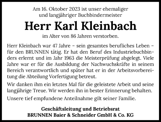 Traueranzeige von Karl Kleinbach von GESAMT