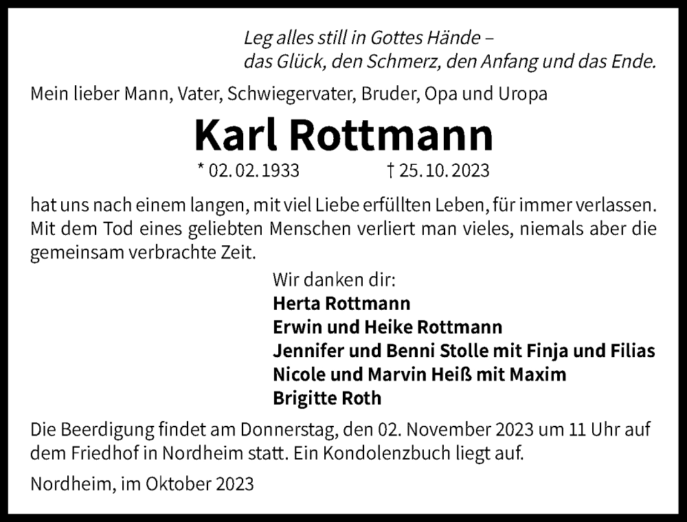  Traueranzeige für Karl Rottmann vom 28.10.2023 aus GESAMT