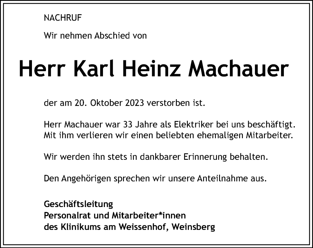  Traueranzeige für Karl Heinz Machauer vom 28.10.2023 aus GESAMT