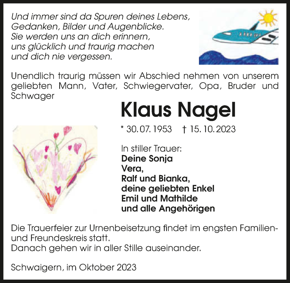  Traueranzeige für Klaus Nagel vom 24.10.2023 aus GESAMT