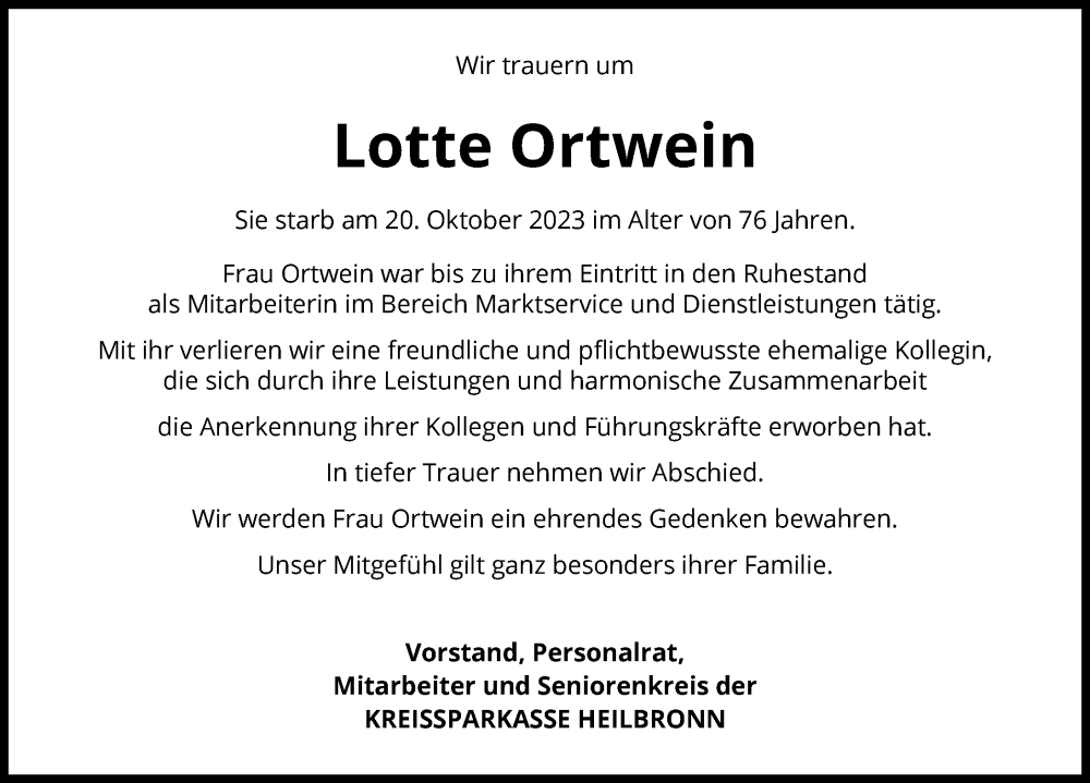  Traueranzeige für Lotte Ortwein vom 27.10.2023 aus GESAMT