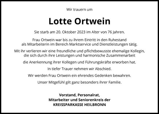 Traueranzeige von Lotte Ortwein von GESAMT