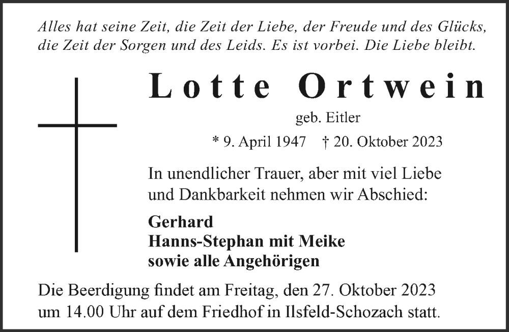  Traueranzeige für Lotte Ortwein vom 25.10.2023 aus GESAMT
