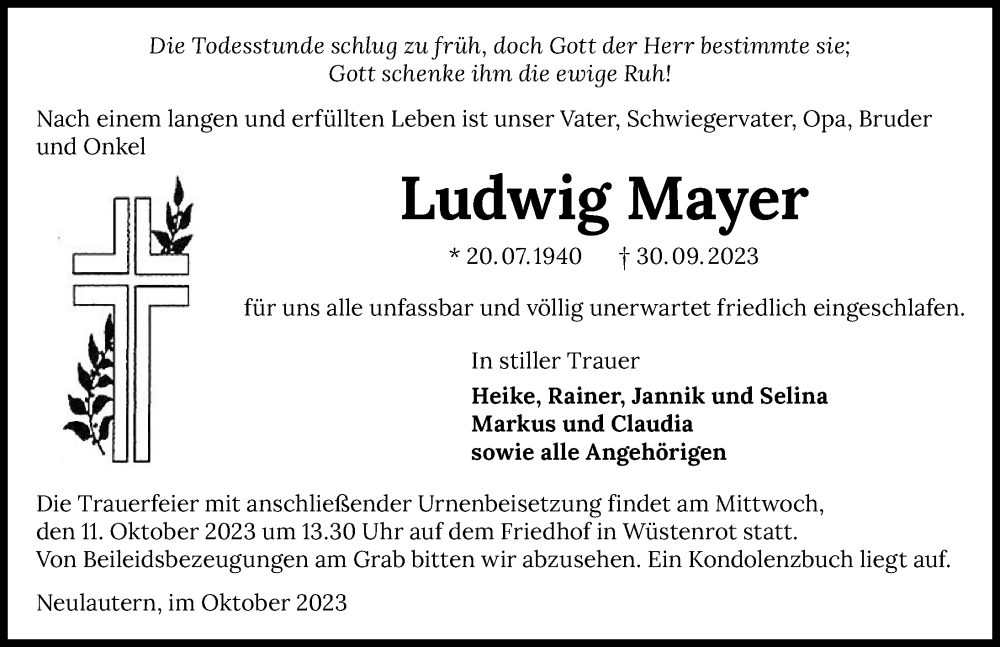  Traueranzeige für Ludwig Mayer vom 07.10.2023 aus GESAMT