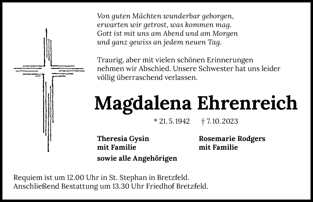  Traueranzeige für Magdalena Ehrenreich vom 14.10.2023 aus GESAMT