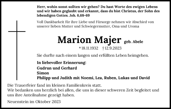 Traueranzeige von Marion Majer von GESAMT