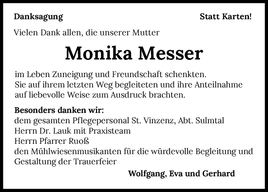 Traueranzeige von Monika Messer von GESAMT