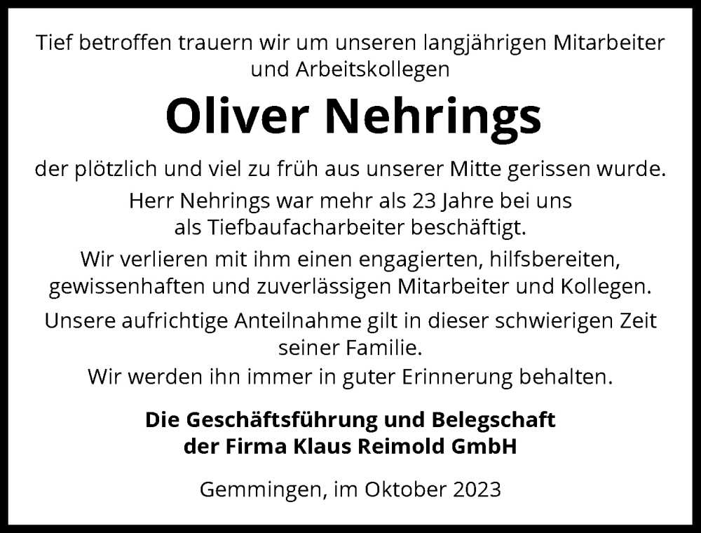  Traueranzeige für Oliver Nehrings vom 17.10.2023 aus GESAMT