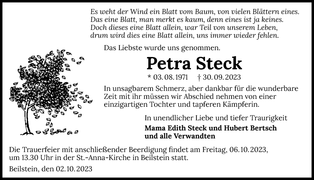  Traueranzeige für Petra Steck vom 04.10.2023 aus GESAMT