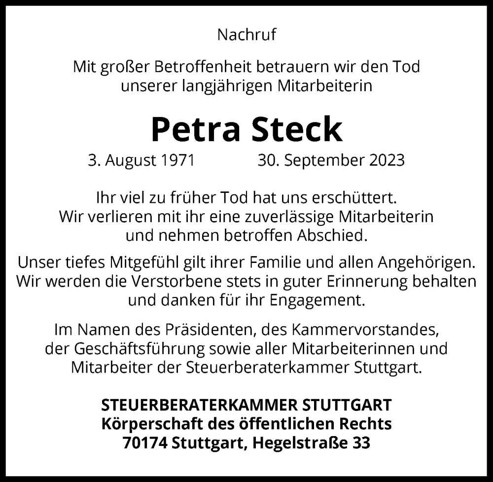  Traueranzeige für Petra Steck vom 14.10.2023 aus GESAMT