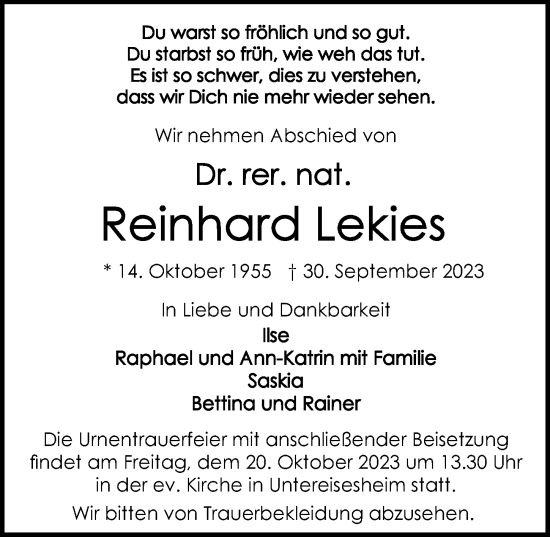 Traueranzeige von Reinhard Lekies von GESAMT
