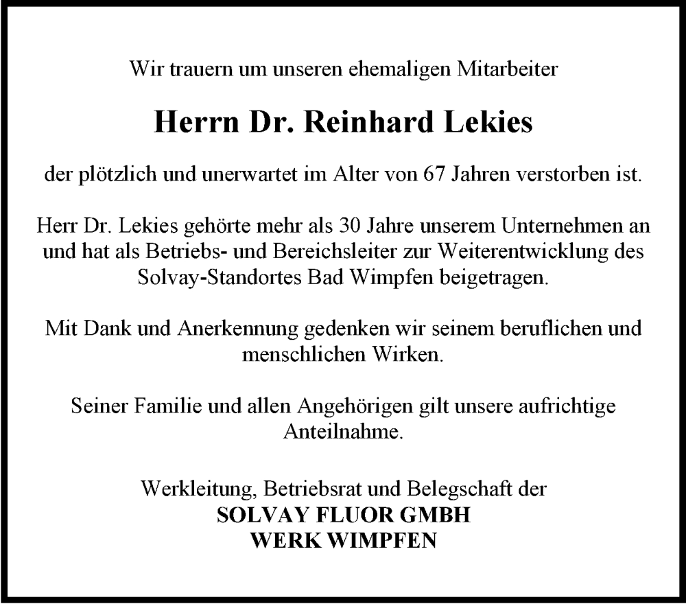 Traueranzeige für Reinhard Lekies vom 13.10.2023 aus GESAMT