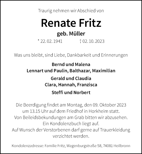 Traueranzeige von Renate Fritz von GESAMT
