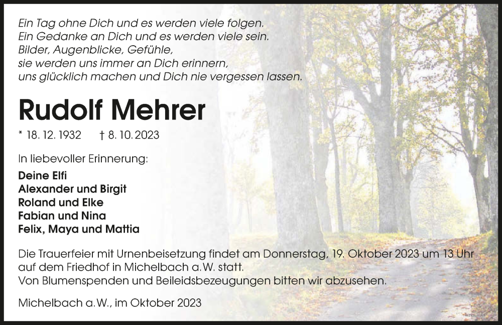  Traueranzeige für Rudolf Mehrer vom 14.10.2023 aus GESAMT