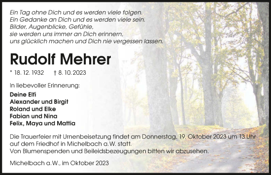 Traueranzeige von Rudolf Mehrer von GESAMT